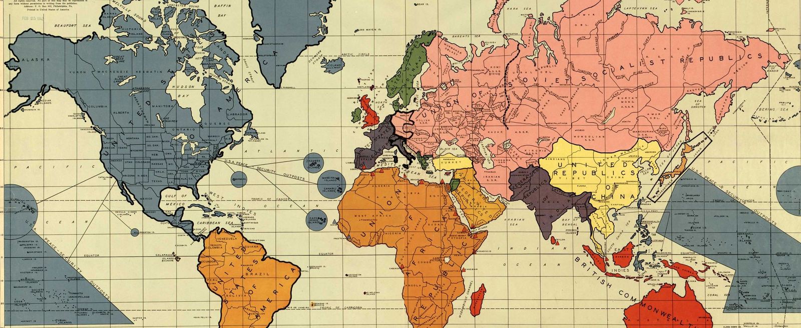 Technoz global route map drawn over Maurice Gomberg's 1942 Outline of Post-War New World Map